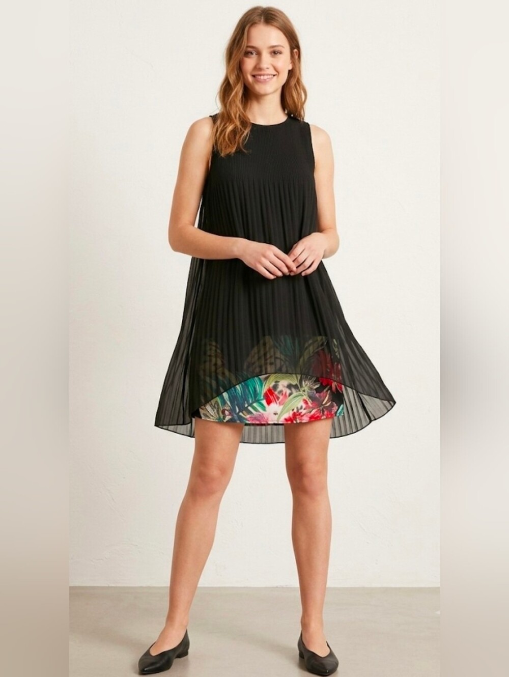 Desigual Women Midi Dress Size Small Pleated Overlay Tropical Midi Dress